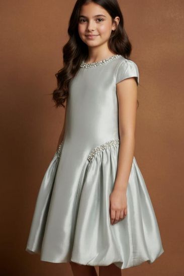 صورة فستان فضي ثلجي حرير مرصع بالؤلؤ